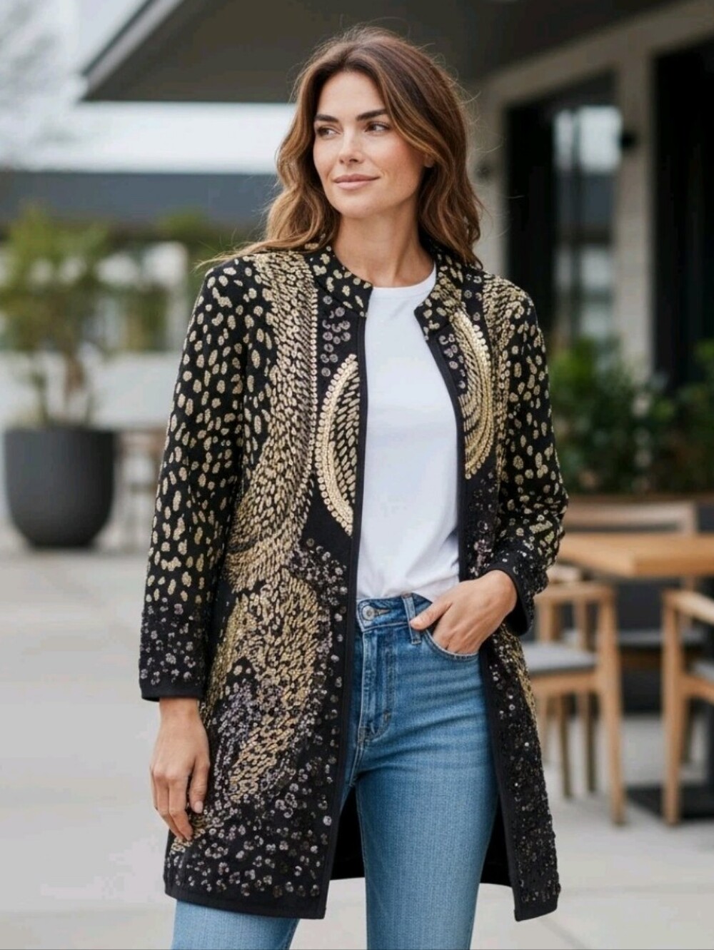 NWT Chico's Cardigan Sweater Black & Gold Sequin Metallic Open Front Size-1(M)